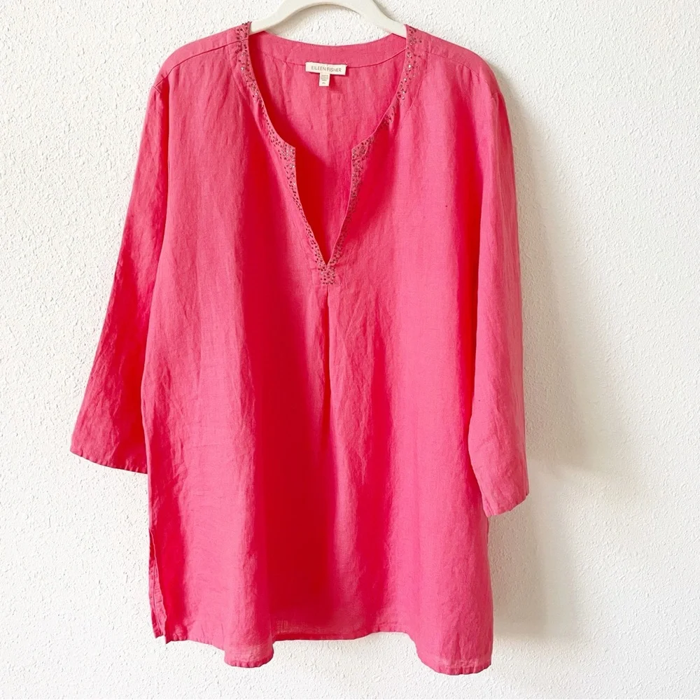 Eileen Fisher 100% Irish Linen Split Neck Tunic Grapefruit Sz XL Coastal Sequins